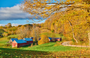 Jenne Farm with barn at sunny autumn morning in Vermont, USA
